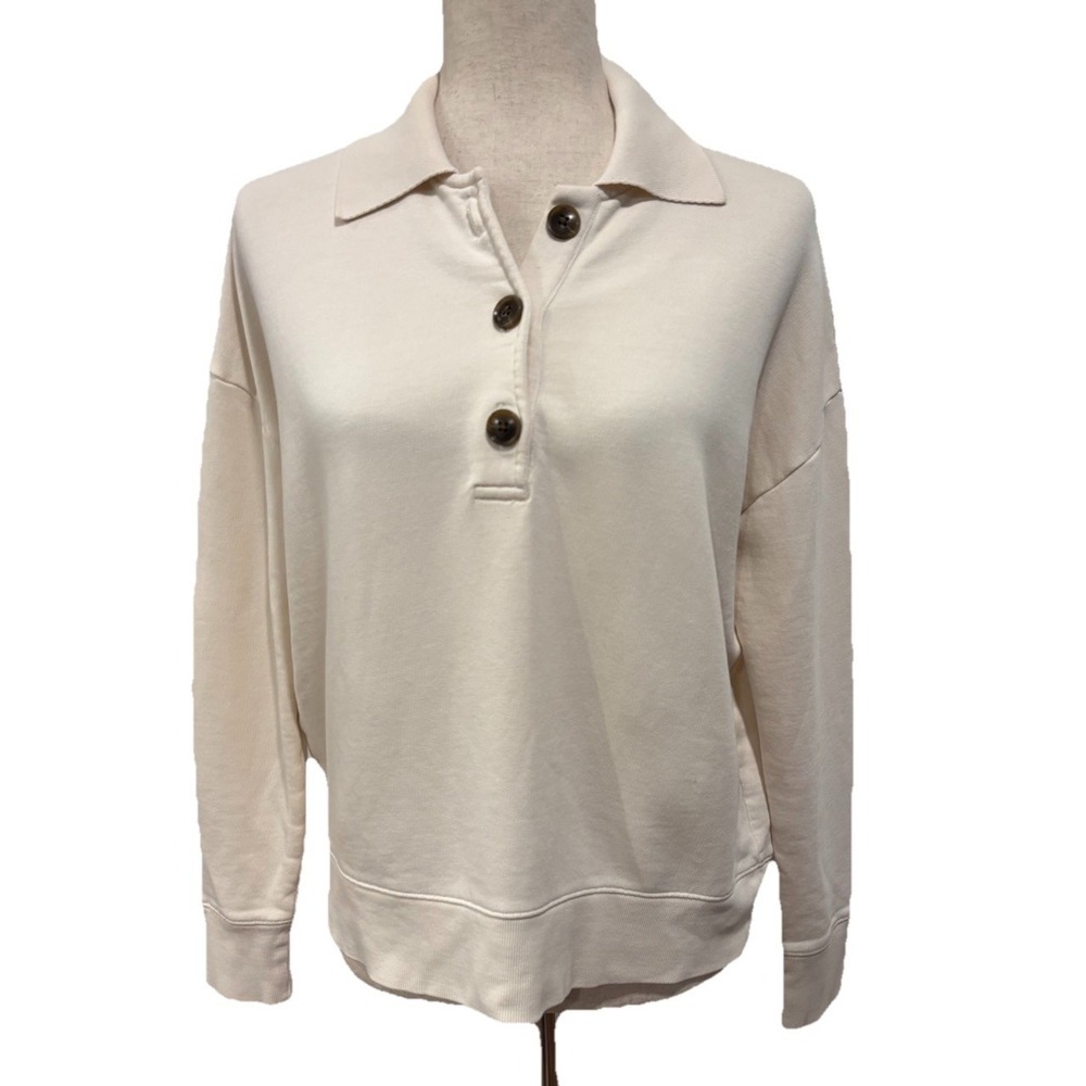 Vince Polo Sweatshirt Cream 100% Cotton Half Button Collared Women's XS